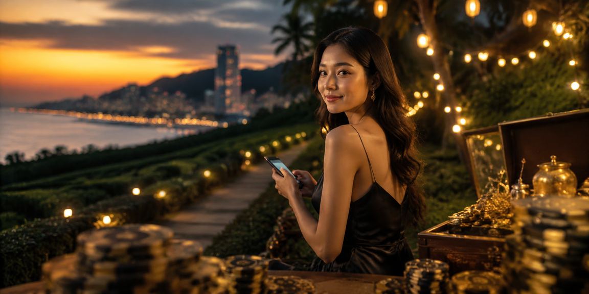 Pemain menggunakan telefon untuk bermain blackjack kasino mudah alih di Penang